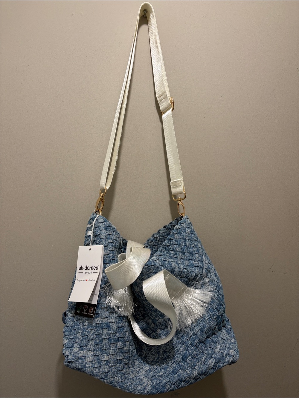 Ahdorned New York Woven Blue Shoulder Bag w/ white removable strap
